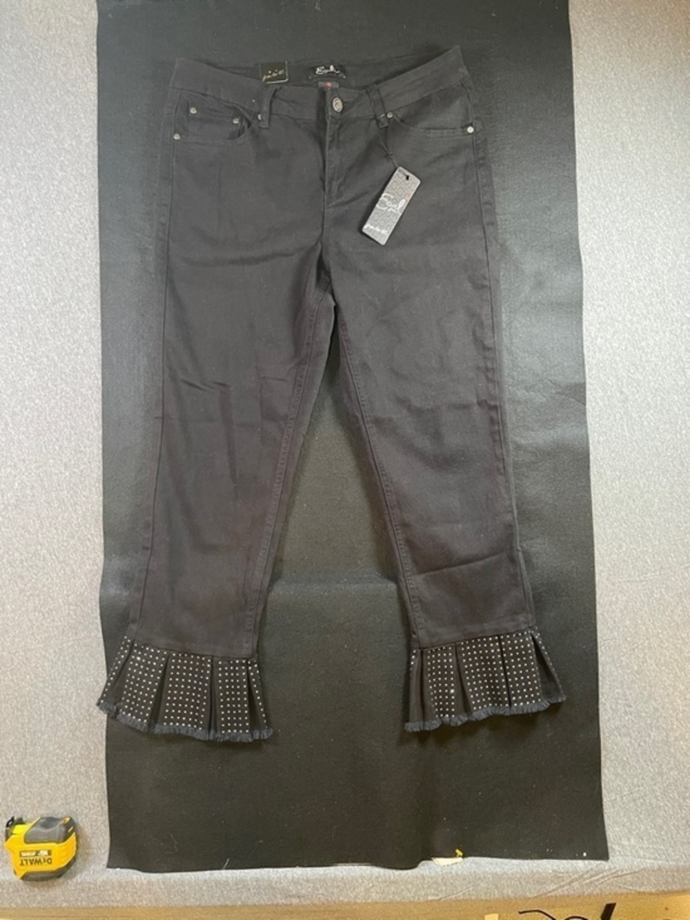 easel Black Ankle Ruffle Jeans with Studded Trim size 10
